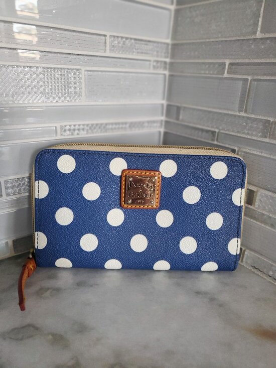 Dooney & Bourke Handbags - Dooney and Bourke Blue & White Polka Dot Zip Around Wallet Wristlet
